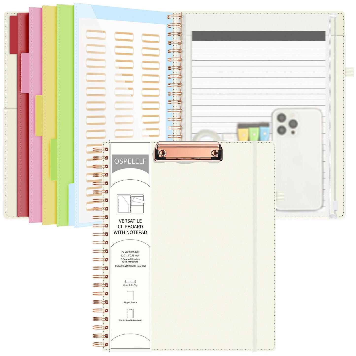 Ospelelf Leather Clipboard Folio with with Storage Zipper Pouch, Spiral Clipboard Folder with Notepad for Letter Size, 5 Folders with 10 Pockets, 39 Divider Label Stickers (Beige)