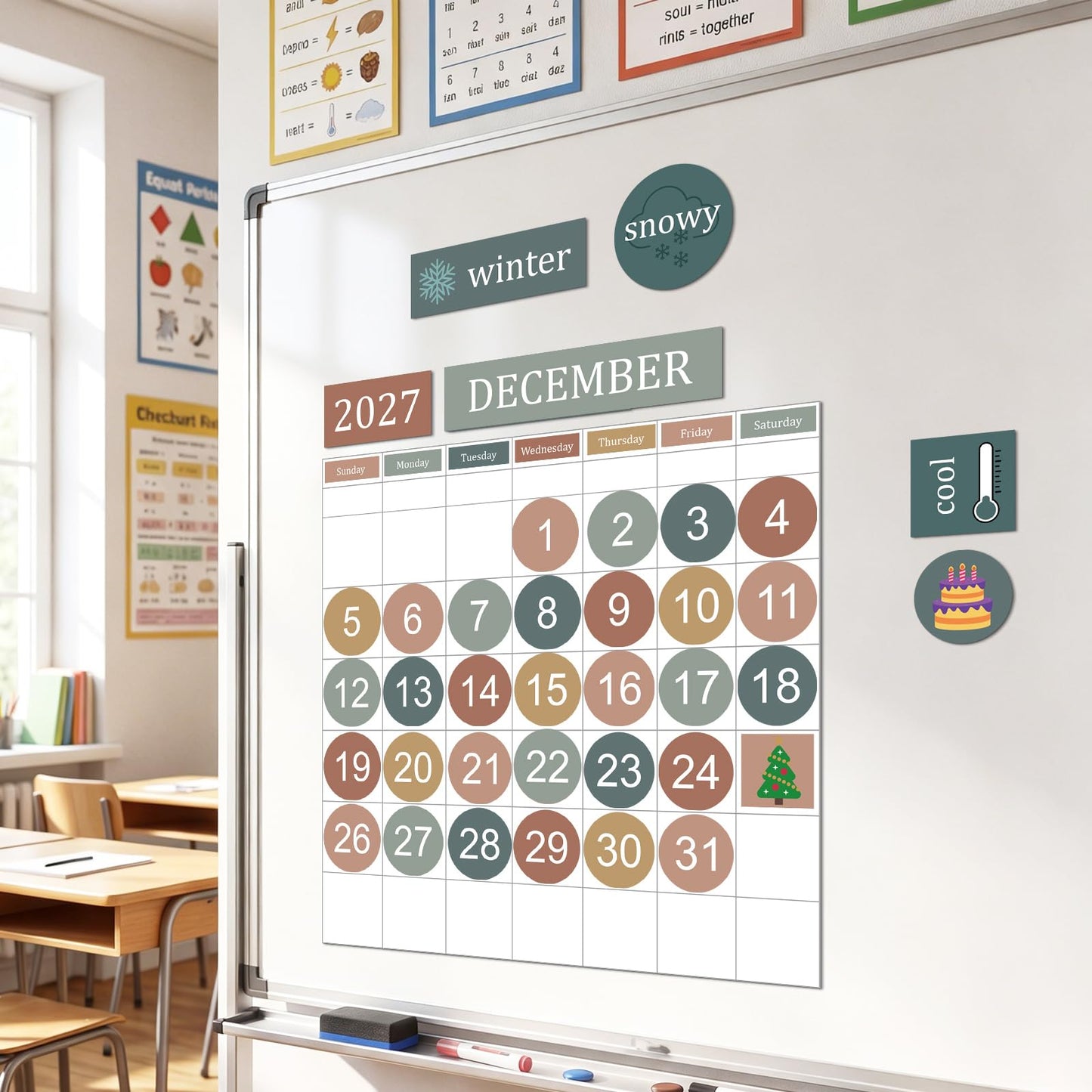 Lerheedi 94 Pcs Boho Calendar Magnets for Whiteboard Large Magnet Calendar Set Days of the Week Magnets for Refrigerator Classroom Weeks and Months