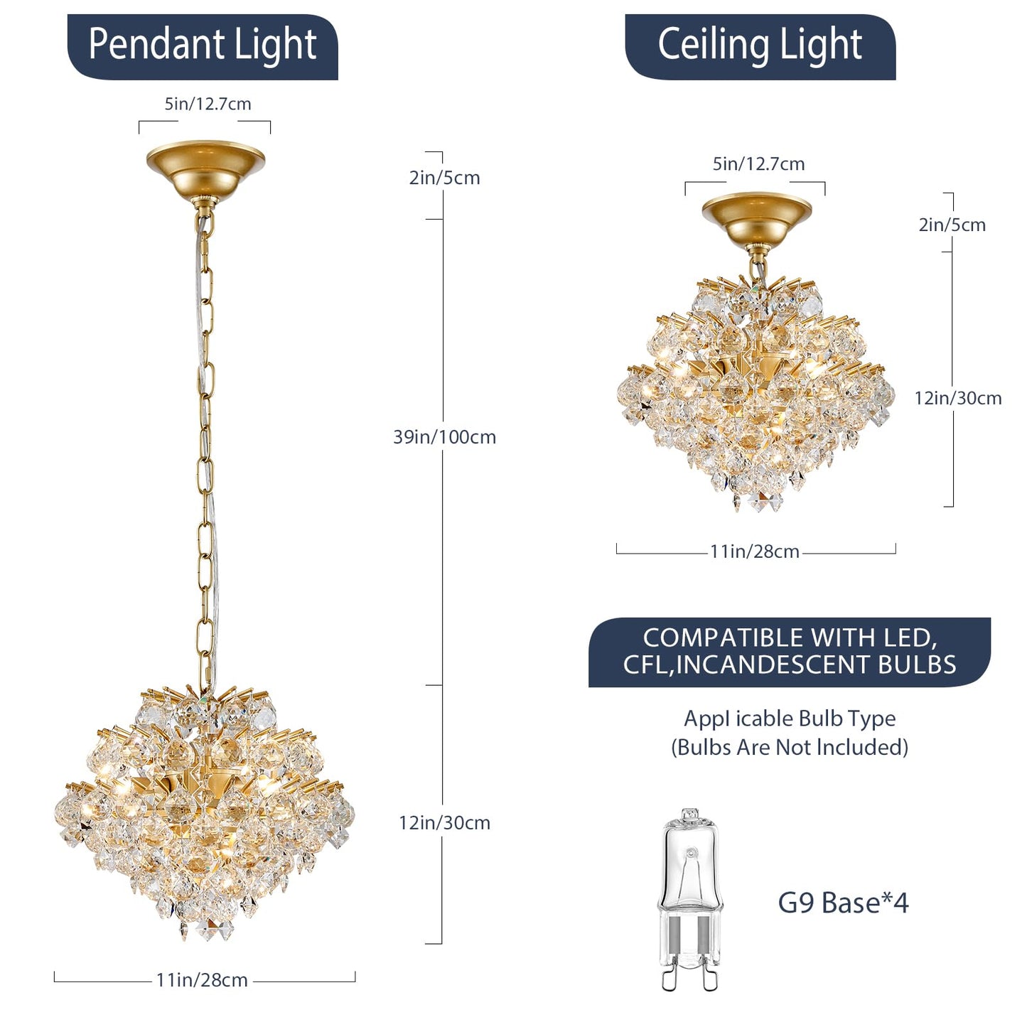 Bestier Gold Pendant Chandelier Lighting Fixture for Dining Room, Bathroom, Bedroom, 4 G9 Bulbs Required, D11in x H12in