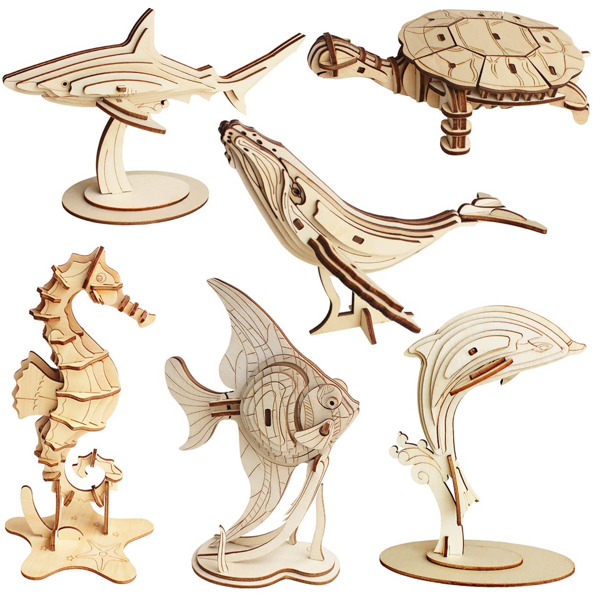 3D Wooden Sea Animal Puzzle - 6 Piece Set Wood Sea Animals Skeleton Assembly Model Kits - Wooden Crafts DIY Brain Teaser Puzzle - STEM Toys Gifts for Adults & Teens Birthday Gifts Christmas
