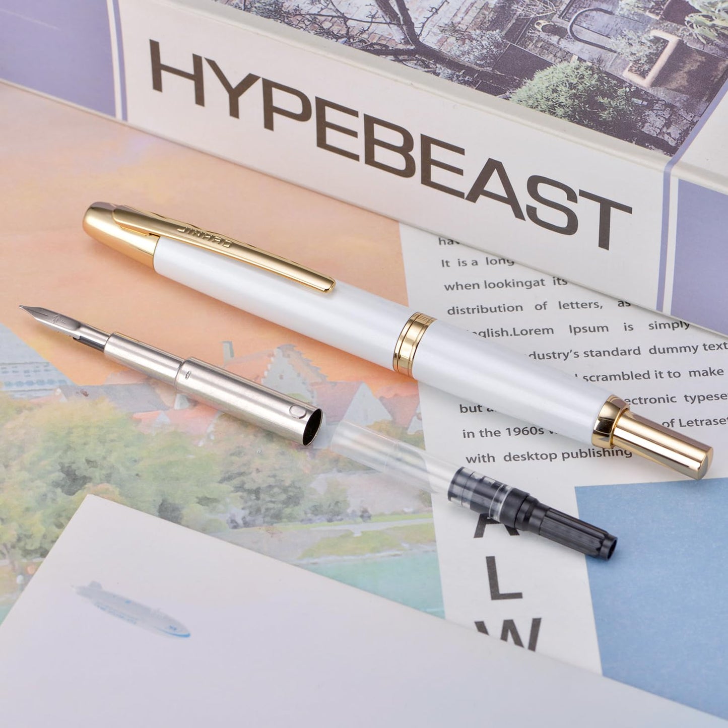 Jinhao 10 Press Fountain Pen with Box, Pearl White Retractable Extra Fine Nib with Ink Converter Set (Golden Clip)