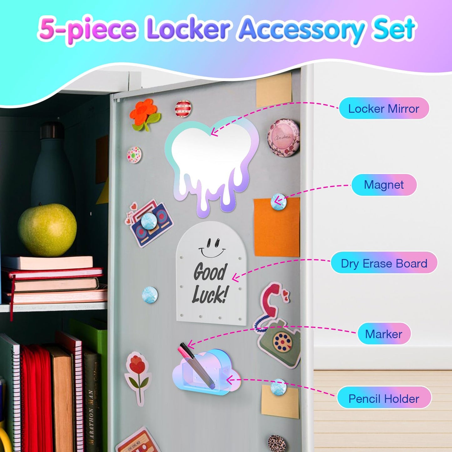 MoKo Locker Accessories Set, 5 in 1 Back to School Supplies College Essentials Includes Magnetic Acrylic Board, Locker Mirror, Markers Holder, Marker Pens and Locker Magnets, Heart Shape