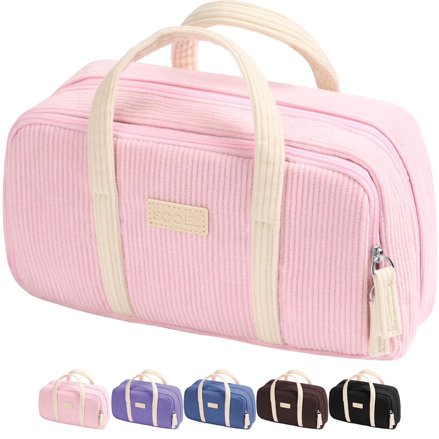 Sooez Large Pencil Case Pouch, Extra Big Pencil Bag with 5 Compartments, Pen Case Wide Opening, Soft Corduroy Pen Bag Organizer with Zipper, Cute Aesthetic School Supplies for Teen Girls, Pink