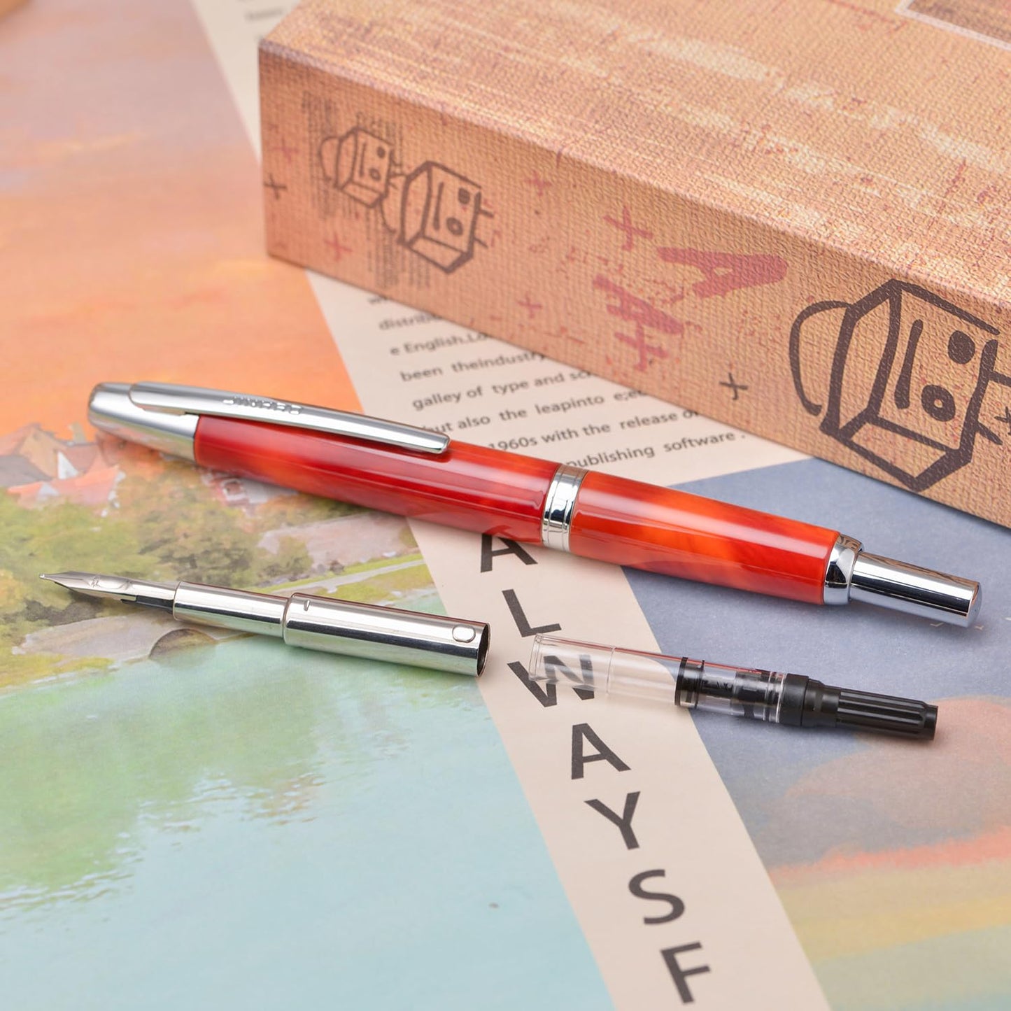 Jinhao 10 Press Fountain Pen with Box, Volcanic Red Retractable Extra Fine Nib with Ink Converter Set (Silver Clip)