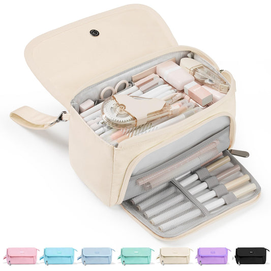 Sooez Super Large Pencil Case, Big Capacity Pencil Bag with 3 Compartments, Holds 100 Pencils, Cute Pencil Pouch with Zipper, Portable Stationery Pen Bag, Aesthetic School Supplies For Girls, Beige