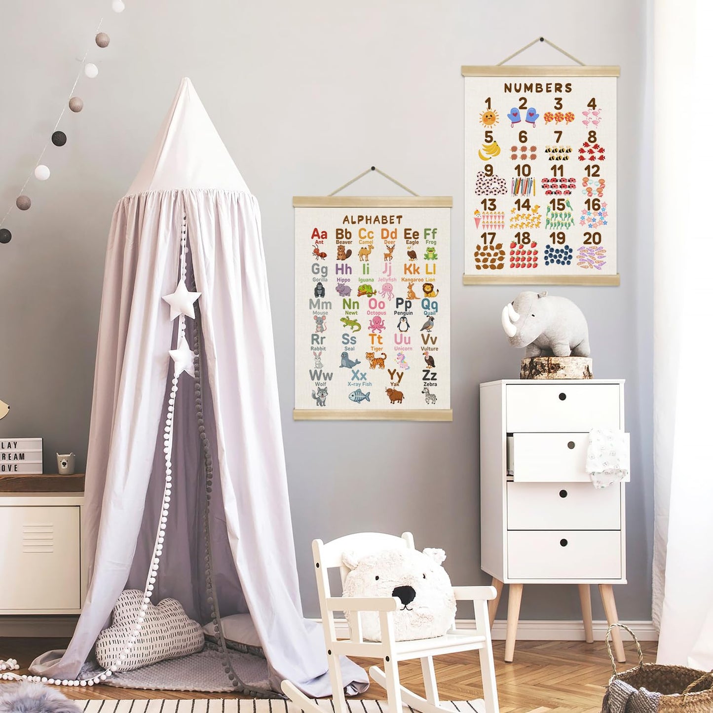 Alphabet Numbers Wall Art Poster Set of 2 ,Boho Educational Canvas Posters for Classroom,1-6 Toddlers ABC and 1-20 Number Learning Banner for Preschool Nursery Playroom,Kids Room Decor 14x18.5 Inch