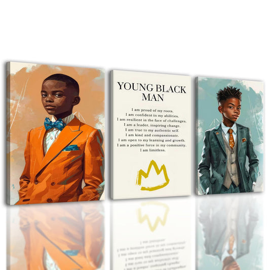 AUFDASORT 3 Pcs African American Boy Canvas Wall Art, Inspirational Quote Portrait Canvas Prints, Young Black Man Wall Decor for Bedroom Classroom Living Room Dorm Room, 16x24 Inch Ready to Hang