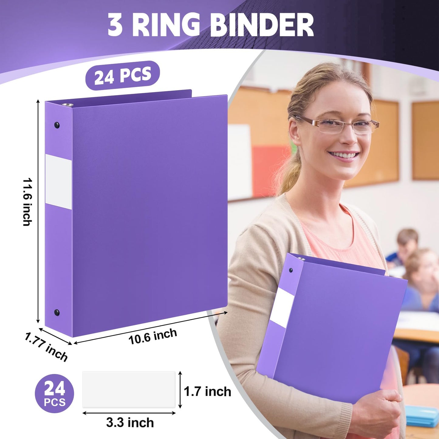 Henoyso 24 Pcs Purple 1.5" 3 Ring Plastic Binder Bulk, 1 1/2 Inch Soft Flexible Binders Round Rings, Fits Letter Size 8.5'' x 11'' Paper, Holds 350 Sheets, for School Office (1.5 Inch)
