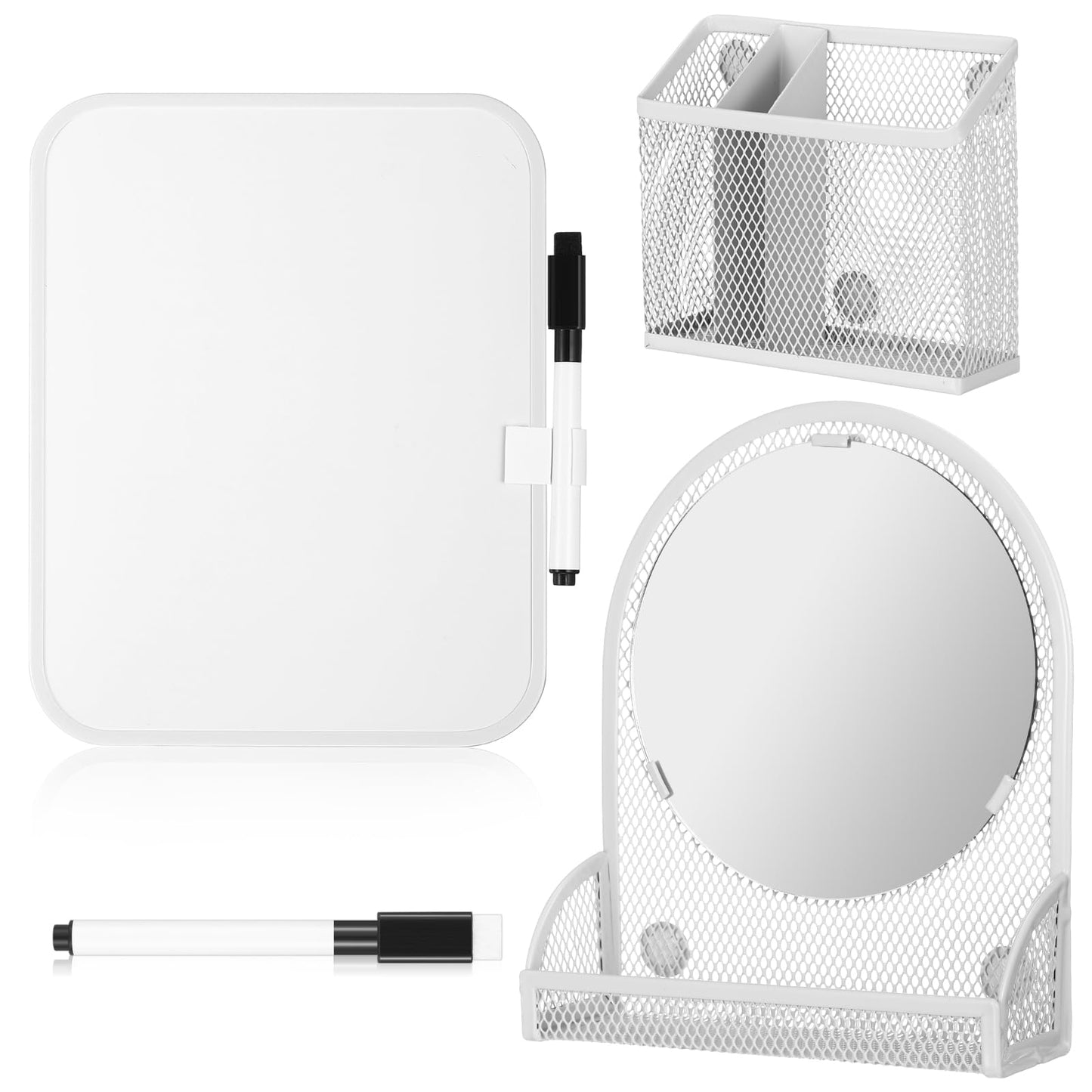 CroBlissful Set of 3 Magnetic Locker Accessories Include Mirror with Bottom Tray Magnetic Whiteboard with 2 Markers and Mesh Storage Basket for Students School Office Locker Organizer(White)