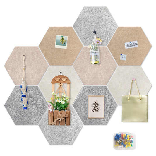 10 Pack 12'' Hexagon Cork Boards for Office Wall: Large Felt Bulletin Decor Display for Classroom, Decorative Panels with 30 Push Pins for Photos & DIY