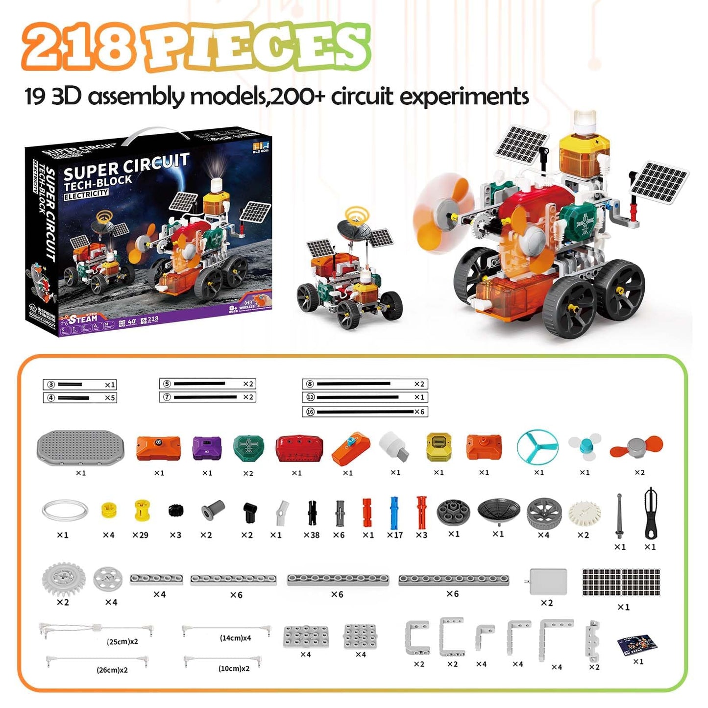 STEM Toys for Ages 8-13, 2-in-1 Physics Science Kit & Building Set, 218 Pcs Circuit Board for Kids with 20+ Experiments & DIY 19 3D Car Model Kits, Educational Engineering Gift for Boys and Girls