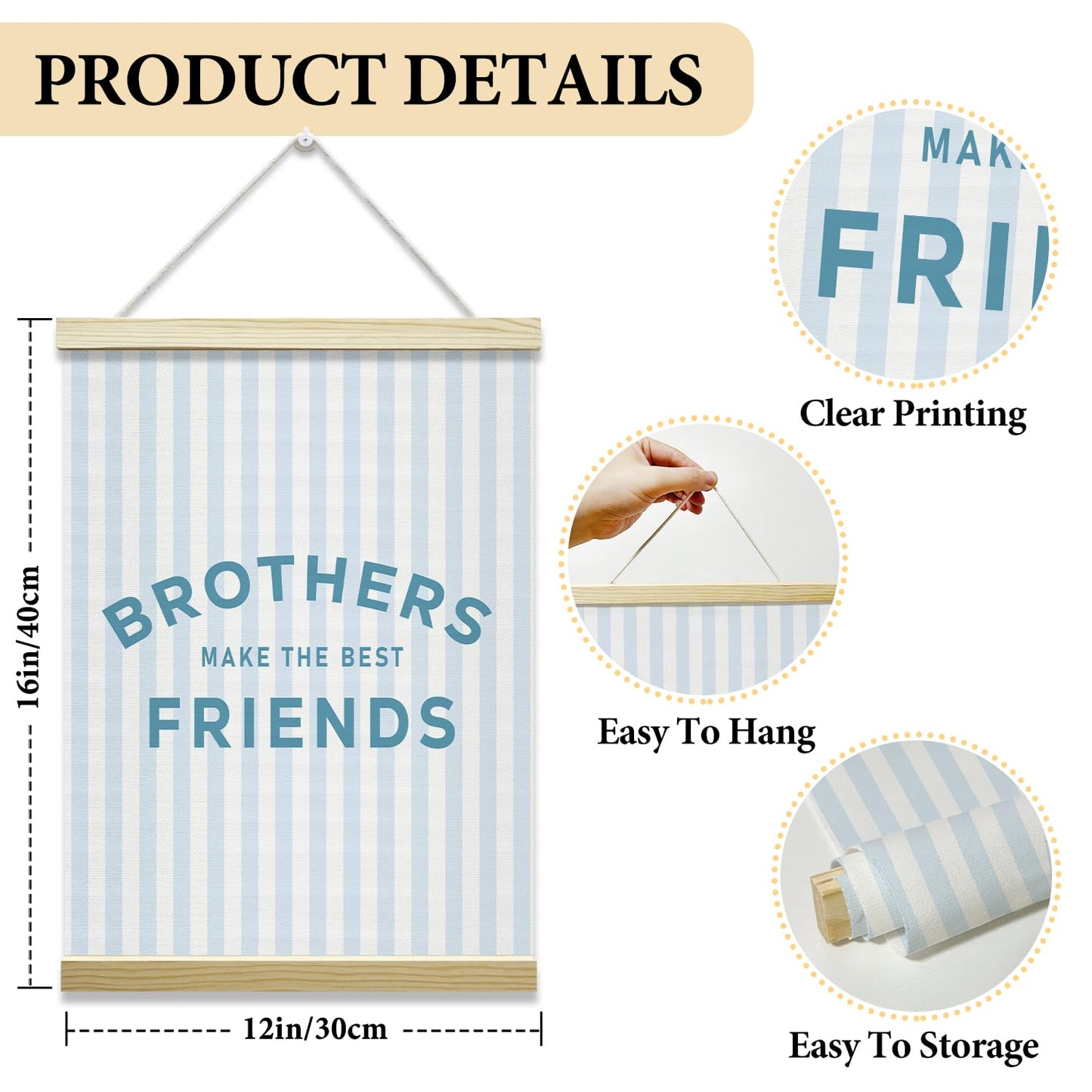 Nopoben Blue Stripes Poster Hanger Frame - Brothers Make the Best Friends, Kids Room Wall Art With Wooden Poster Hanger, Boys Bedroom Playroom Game Room Decor(12x16 Inches)-05