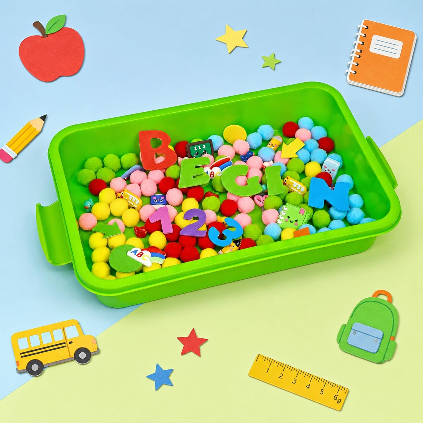 Cinrobiye 183 Pcs Back to School Classroom Activity Kit with Alphabet Letters Numbers Shapes, Sensory Bin Fillers Set with Storage Box for Classroom Stations, Sorting Activities and School Theme Setup