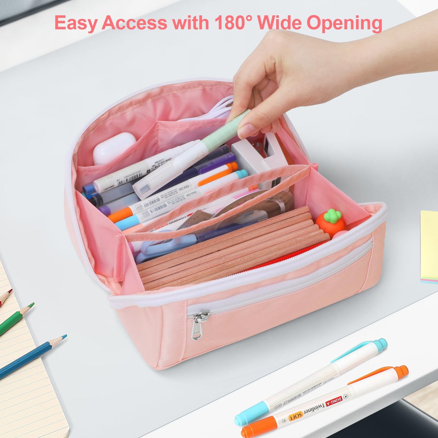BrainyBees Large Capacity Pencil Case - Pencil Pouch for Teen Girls, Aesthetic Pouch Organizer with 8 Compartments, Wide Opening Marker Bag for Middle High School College, Fits Calculator, Pink