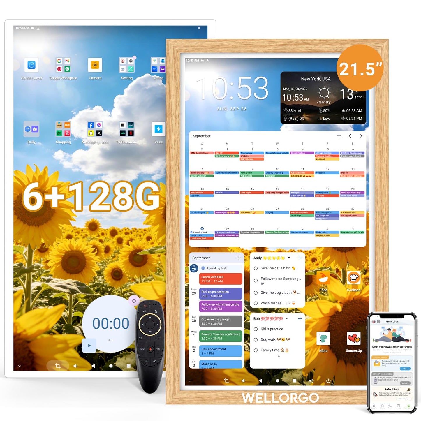WELLORGO Smart Digital Calendar, 21.5” Electronic Planner with FHD Touch Screen & Remote Control, Electric Family Organizer with Chore Chart Google Play Customizable App, Picture Frame Desk Tablet