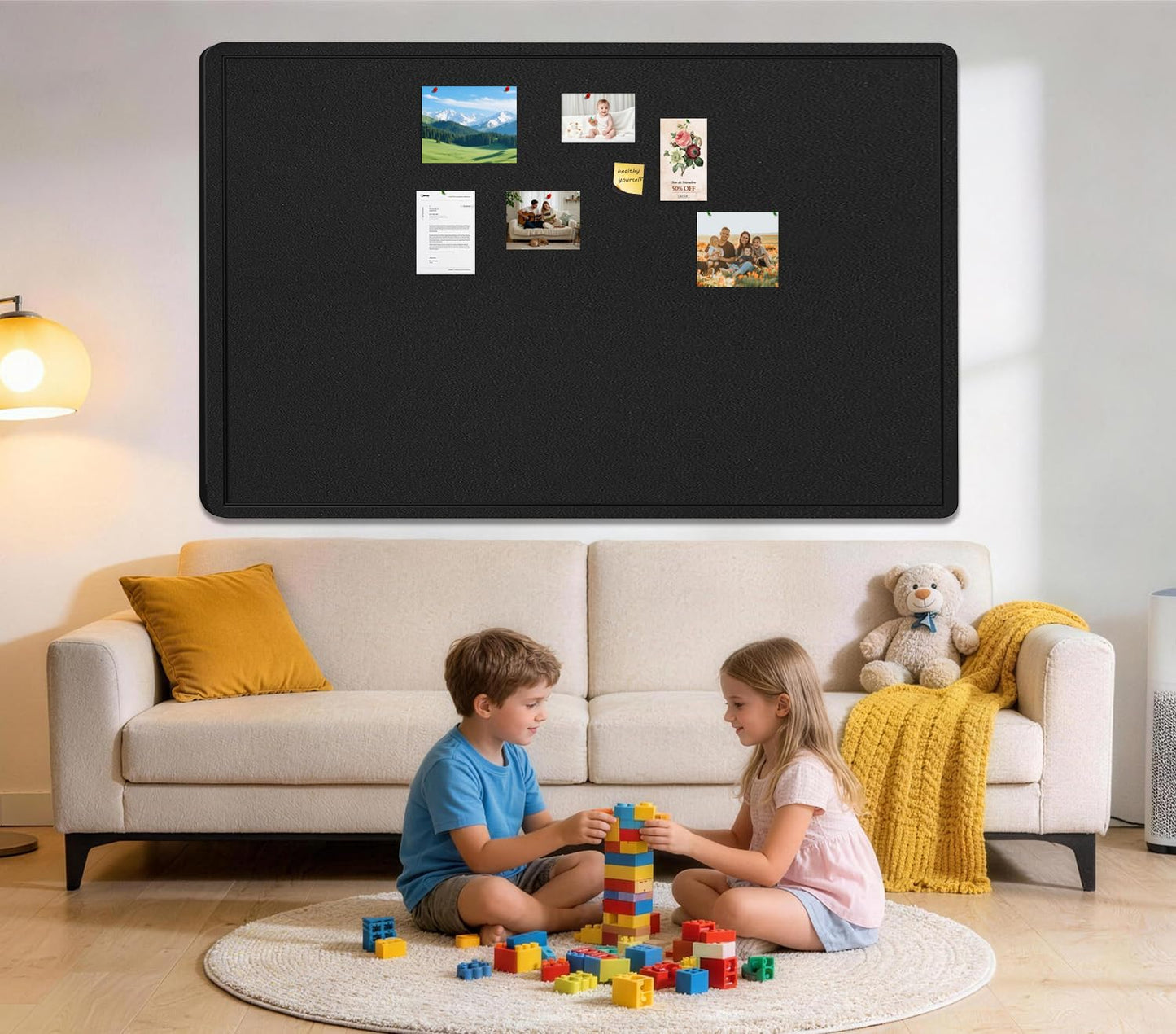 Extra Large Bulletin Board, 95 X 47 inches Cork Board with 30 Pushpin, 8' x 4' Felt Cork Board Notice Pin Board, Self-Adhesive Vision Board Mood Board Foldable Photo Board for Wall - Black