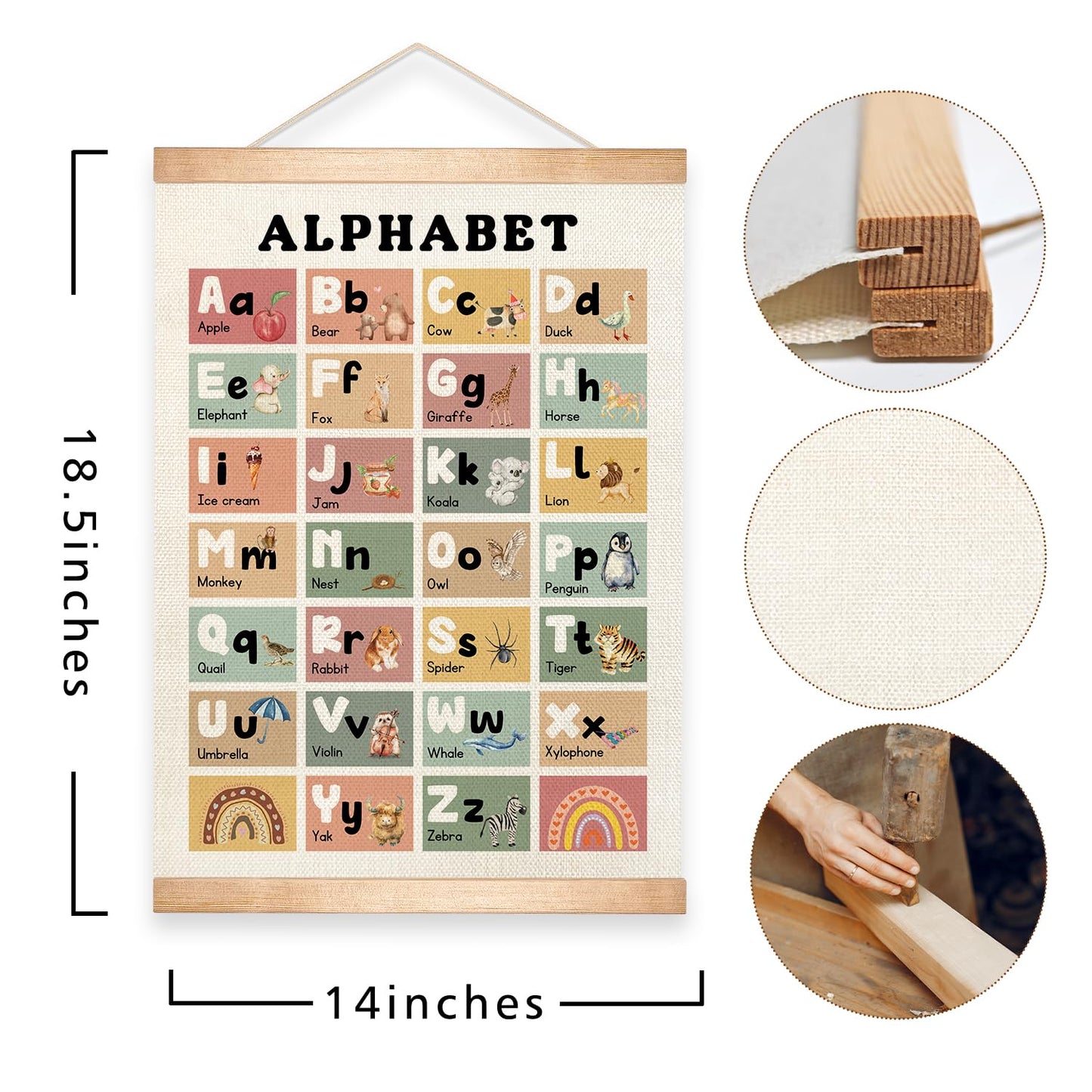 Educational Alphabet Chart Wall Art, 18.5x14Inch Colourful Alphabet Canvas Print Poster with Wooden Henger, Classroom Learning Posters, A-Z Letters Wall Art Decor for Nursery,Playroom and Home School