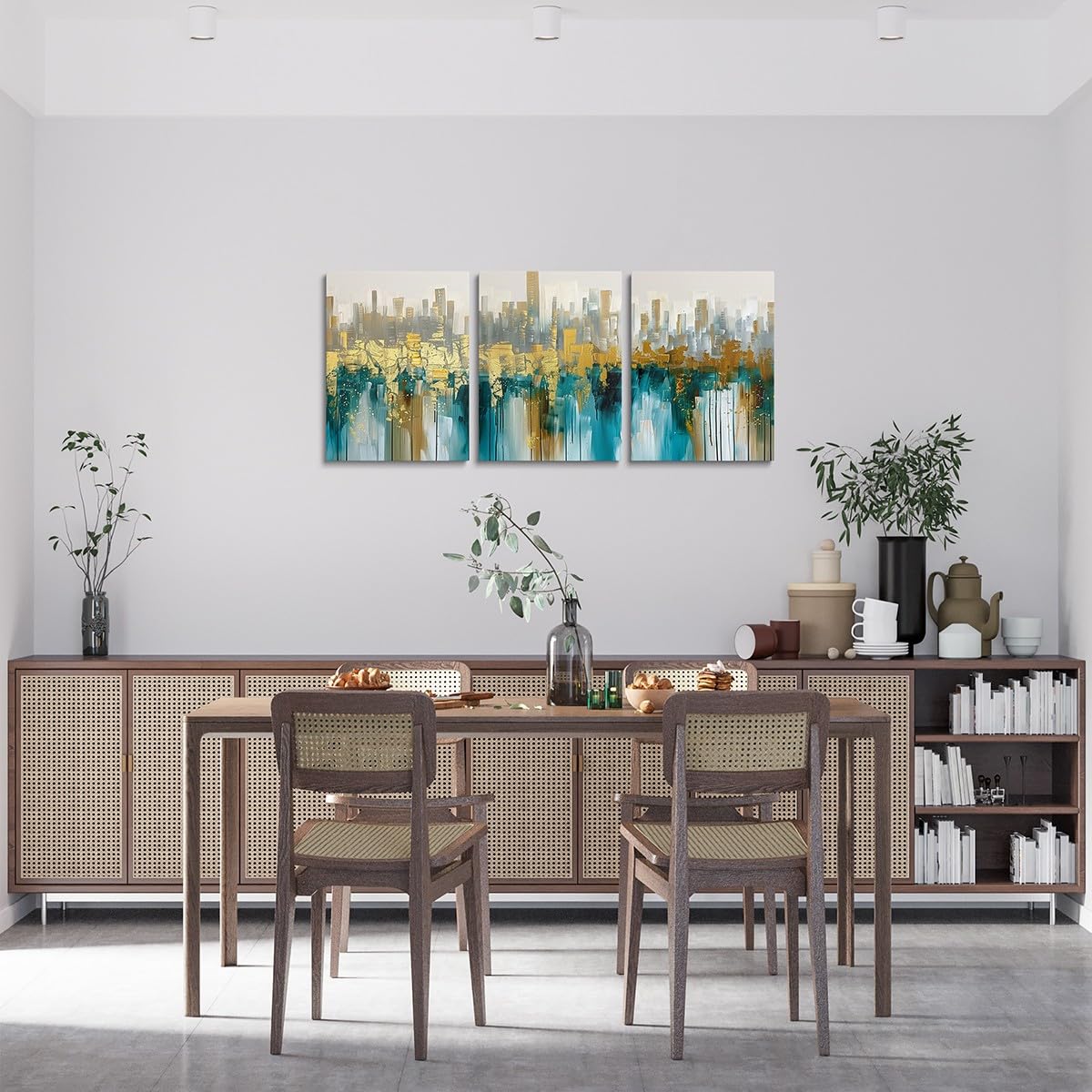 Teal Abstract Canvas Wall Art Set of 3 for Bedroom Living Room, Modern Golden Textured Paintings Wall Decor Turquoise Ombre Artwork Wall Art Blue Green Marble Print Poster Prints