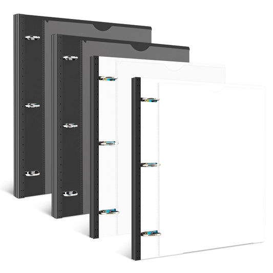 INFUN 1 Inch Telescoping 3 Ring Binder Black+White - 4 PCS， Flexible Binders with Customizable Front Cover and Clear Catalog Pocket,1 inch Binders 3 Ring, 225 Sheet Capacity