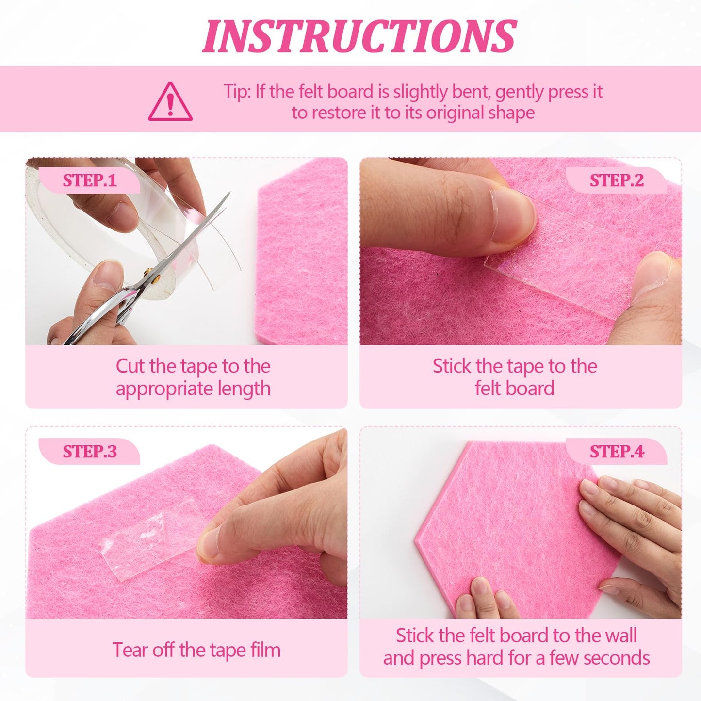 Mindsoft 16 Pcs Hexagon Cork Board for Walls with 50 Wooden Push Pins 6.7 x 5.9 in Felt DIY Tiles Notice with Nano Tape Hanging Bulletin Board for Home Photo Office Memo Note (Pink)