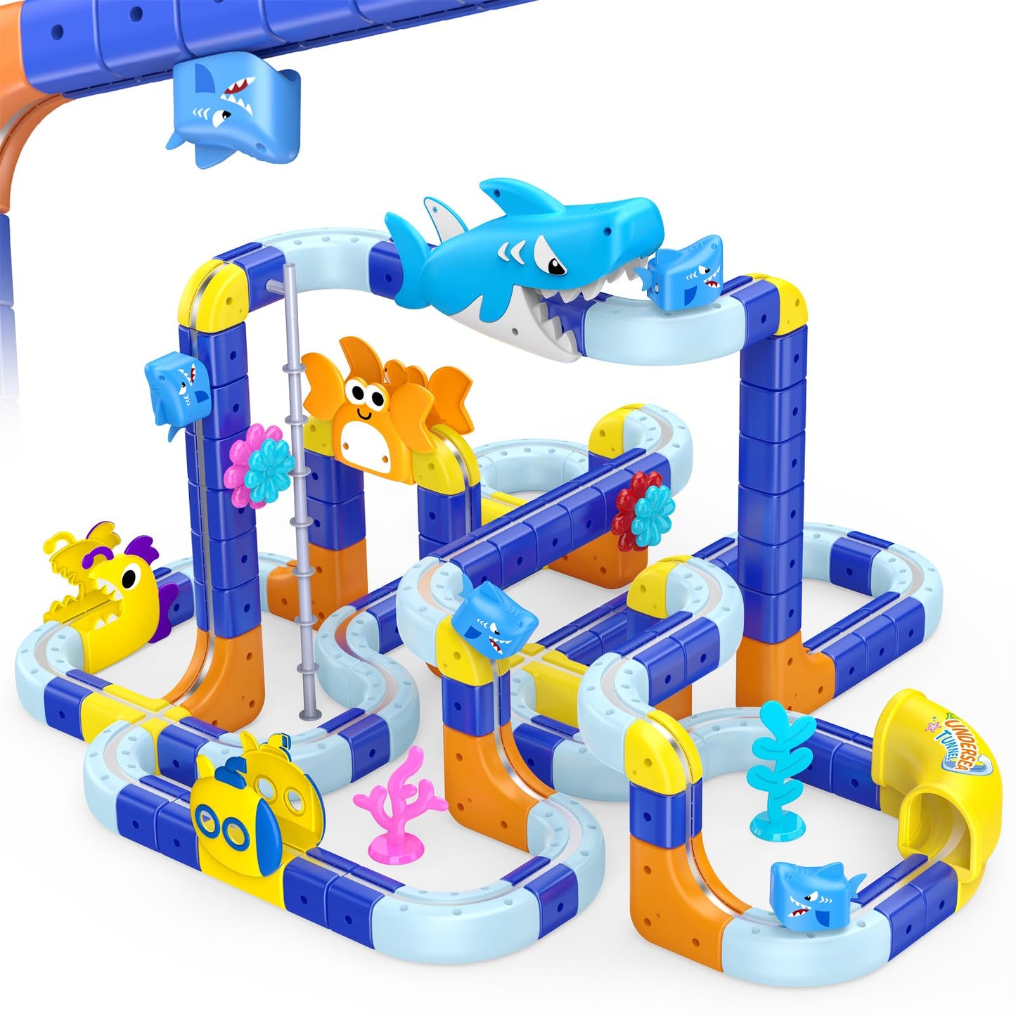 SnapGlowz 193PCS Magnetic Train Set: Shark Toys 3D Infinity Racer Electric Train Set for Kids Flexible Cube Rail Train Track with Anti-Gravity Train STEM Toys Gifts for 3 4 5 6 7 8 Year Old Boys Girls