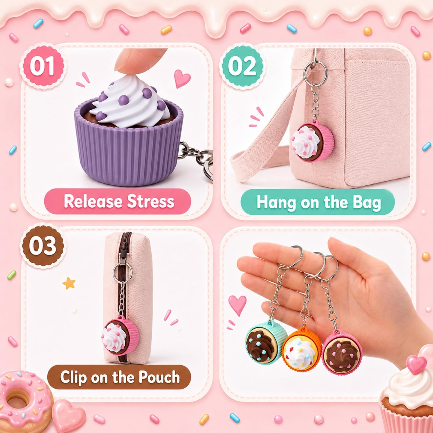 Kenning 12 Pcs Cupcakes Clicker Fidget Keychain Bulk 3D Sensory Clicker Fidget Decompression Button Stress Relief Gifts for Adults Coworkers Birthday Party Favors Goodie Bag Fillers