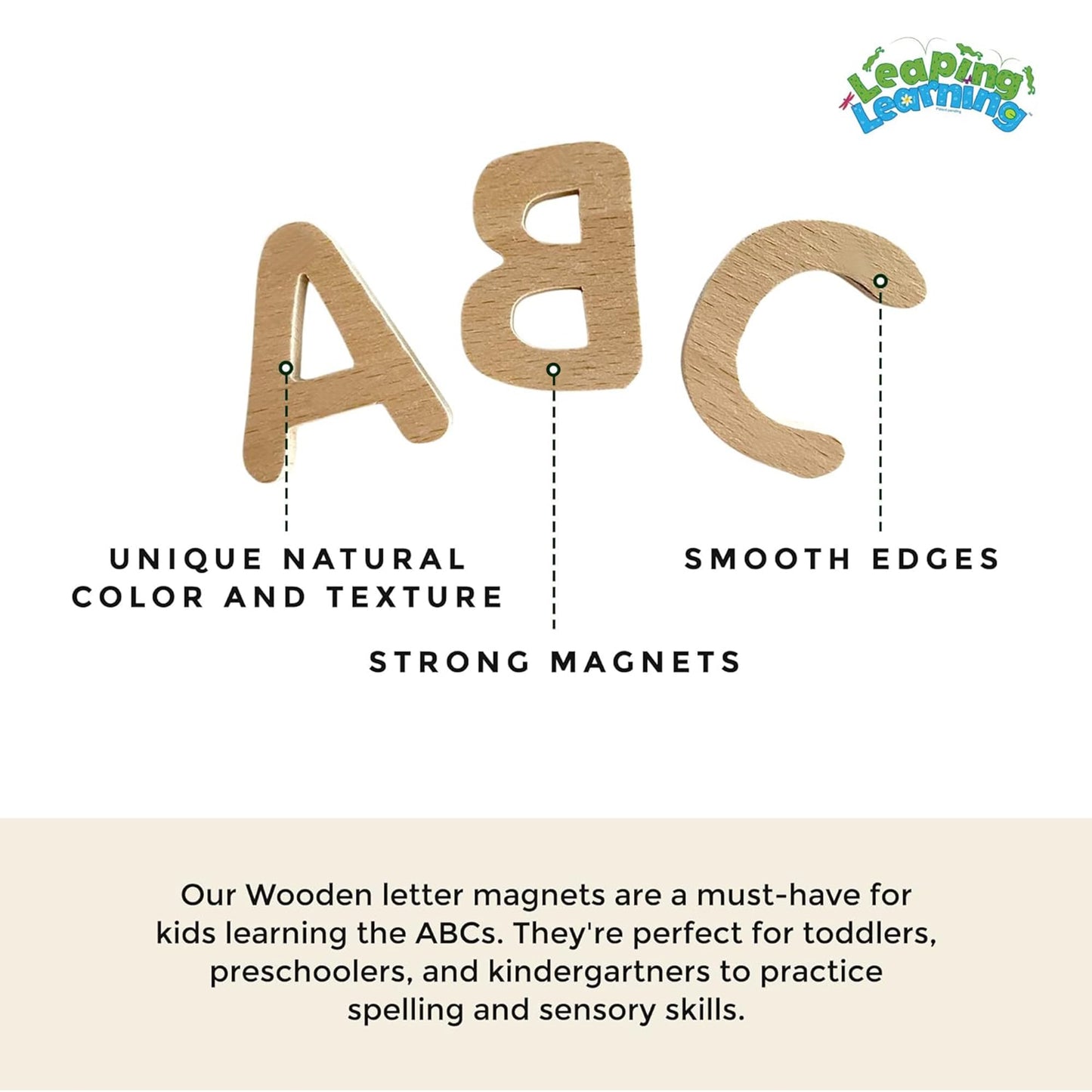 LEAPING LEARNING Alphabet Magnets - Magnetic Letters for Kids, Wooden Letters for Learning & Classroom Supplies, Ideal for Refrigerators, School Board, & Early Literacy Educational Toys 3+ (Uppercase)
