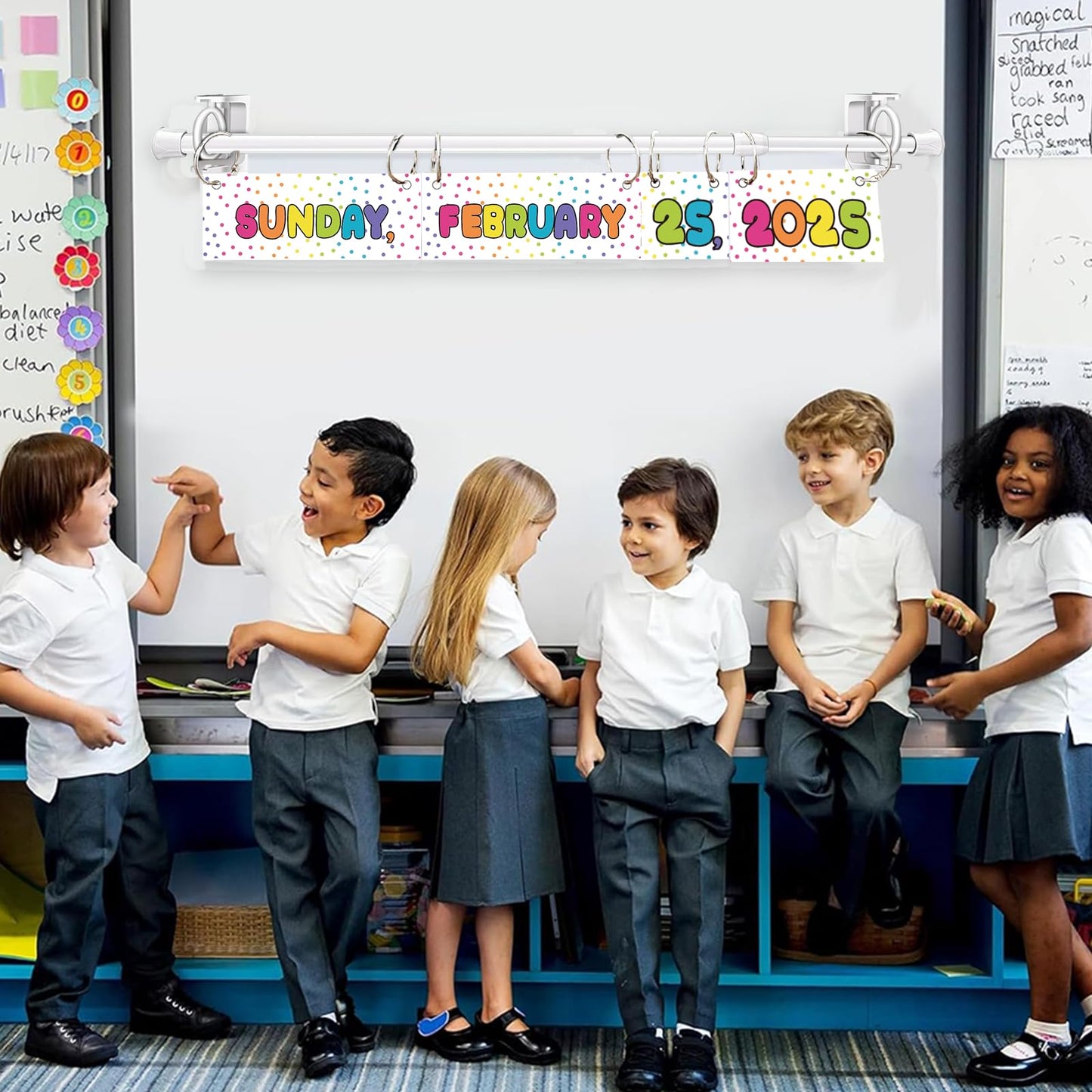 Flip Calendar Bulletin Board Set Classroom Decorations for Whiteboard with Adjustable Flip Calendar Rod Holder Date Cards Days of The Week for Classroom School Supplies(Bright Rainbow)
