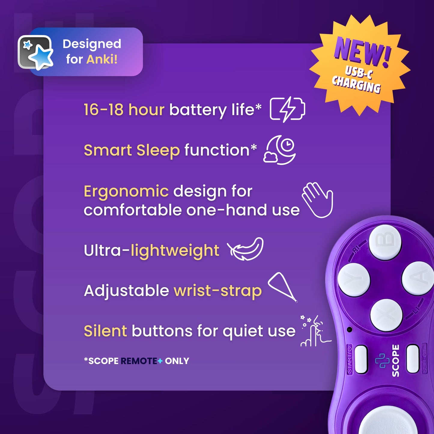 Scope Remote- Remote for Anki. Customizable with Anki Add-on, Compatible with Windows, Mac, iOS, iPad, and Android. Quizlet Compatible, Anki Controller. Amethyst Purple, Plus (16-18 Hours Battery)