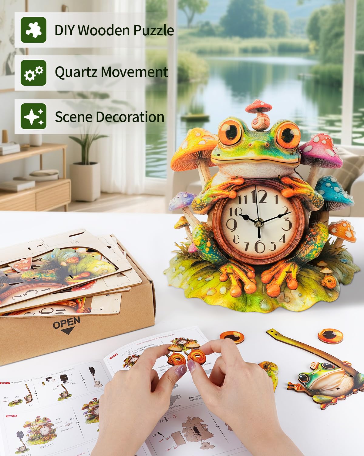 3D Wooden Puzzles for Adults, Frog Clock with Pendulum Model Kit, 3D Puzzles for Adults Room Home Decor DIY Wall Clock Kit, Holiday Birthday Christmas Day Gifts for Men Women Teens