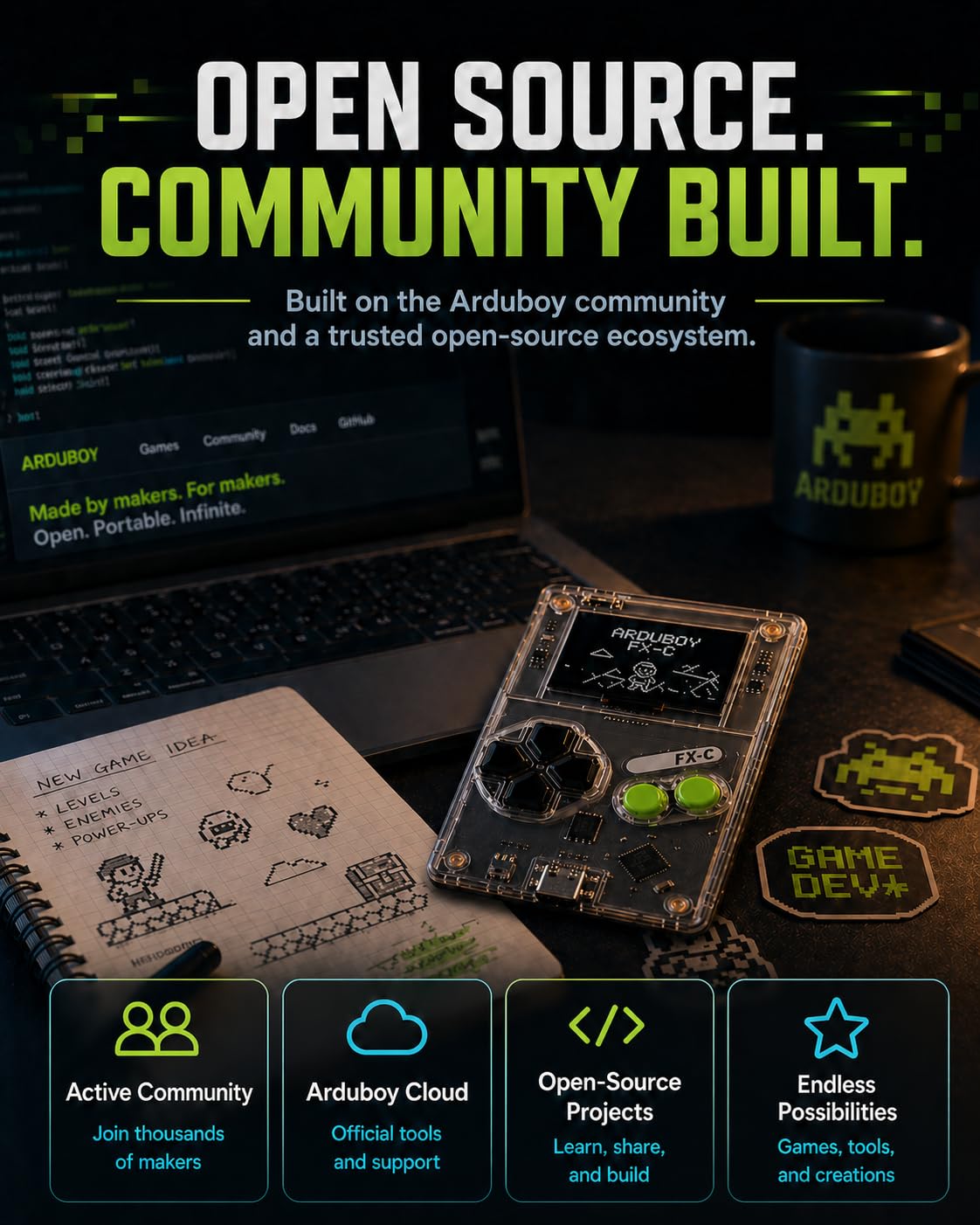 Arduboy FX-C Programmable Open Source 8-Bit Retro Handheld Game Console - 300+ Preloaded Classic Games, STEM Coding Board, USB-C Multiplayer, Credit Card Size Pocket Retro Gaming Device