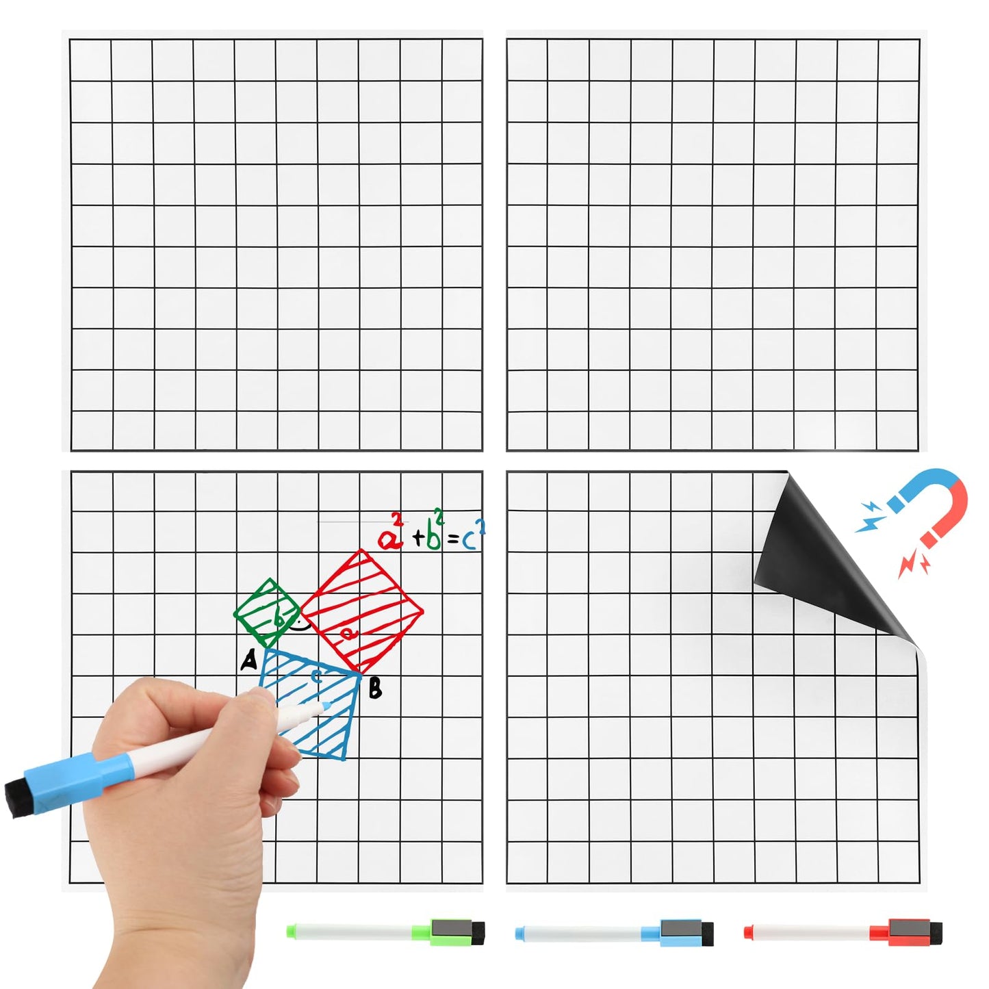 Magnetic Grid Whiteboard Set, 4-Pack 13" × 13" XY Coordinate Dry Erase Graph Board with 3 Magnetic Pens, Reusable Math Teaching Board for Classroom and Home Learning
