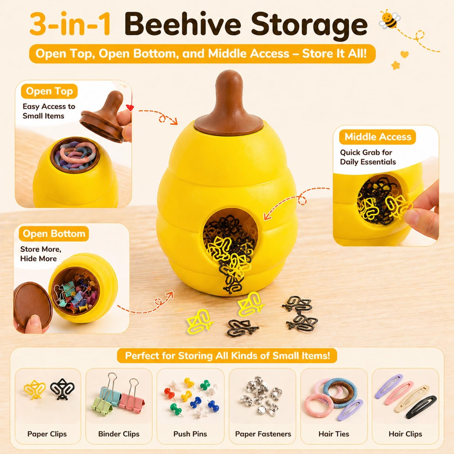 Ropassor Cute Bee Paper Clips with Honey Jar Holder（50PCS）, Aesthetic Desk Decor, Paper Clip Holder Organizer, Novelty Office Supplies for Women, School Desk Accessories, Gift Idea