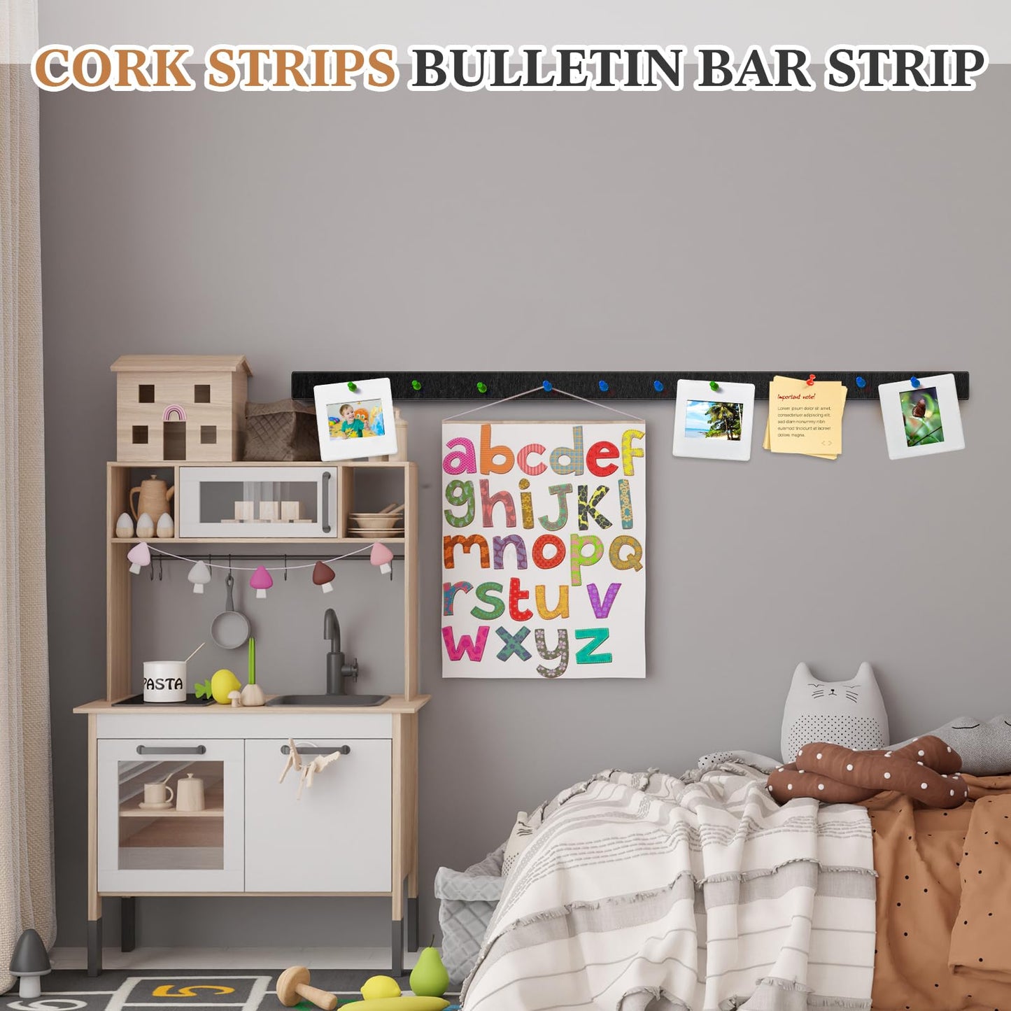 Mooliwe 4 Pcs 48" x 1" Foldable Felt Cork Strips Bulletin Bar Strip for Wall Bulletin Board Decoration, Notice Board Self Adhesive Cork Wall Decoration, Paste Note, Photo, Schedules, Office Home Decor