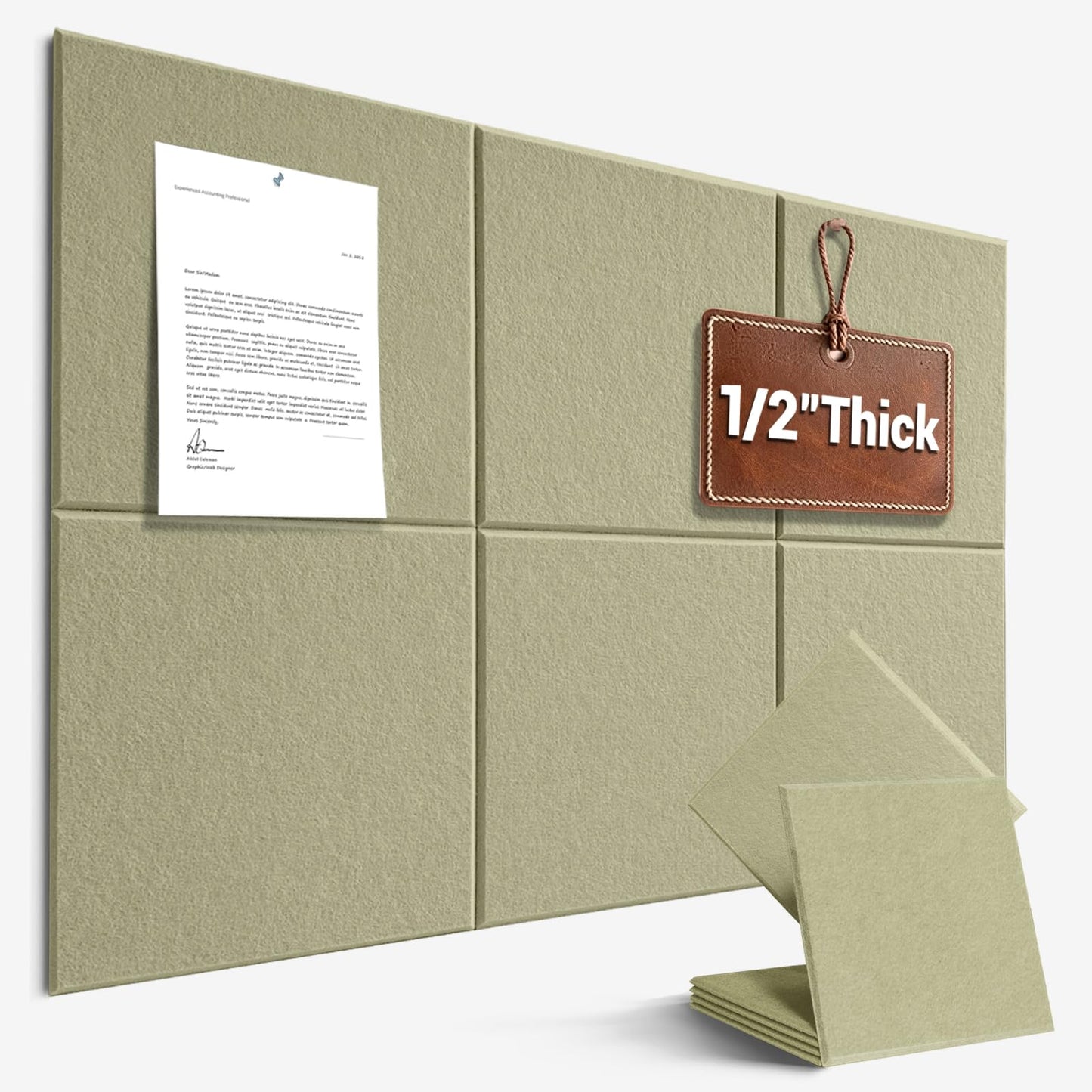 Large Cork Board for Office Wall Decor, 36"x24"- 6 Pack Felt Wall Tiles with Safe Removable Adhesive Tabs, 1/2" Thick, Felt Bulletin Board Pin Board Cork Boards for Walls - Sage Green