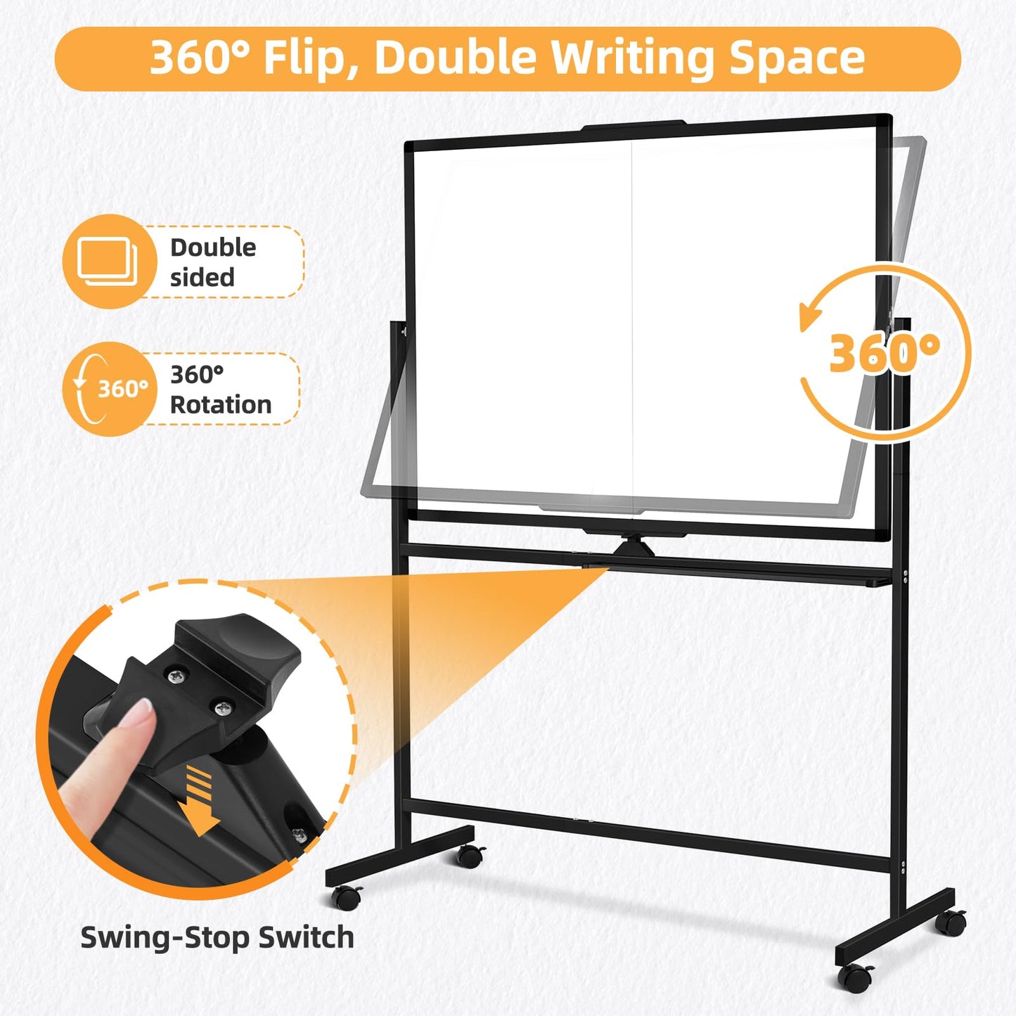 WALGLASS Rolling Dry Erase Whiteboard, 48"x36" Double-Sided White Board on Wheels, Large Portable White Board with Stand, Black Mobile Standing Whiteboards for Office, Home, School 4x3 ft