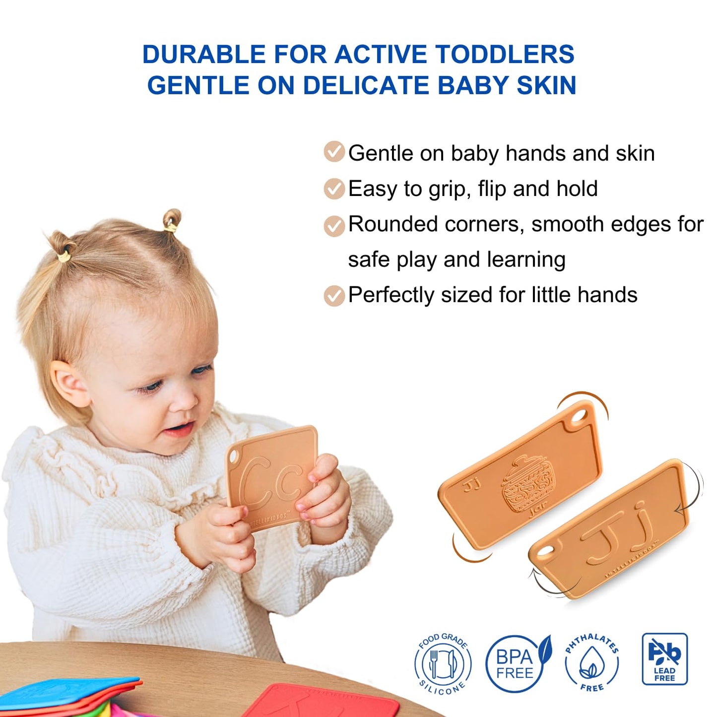 INTELLIKIDDOS SiliABCs Alphabet Flash Cards, Non-Toxic Silicone Alphabet Flash Cards for Toddlers 1-3, Montessori Toddler Preschool Alphabet Learning Activities, Dishwasher Safe Soft Baby ABC Cards