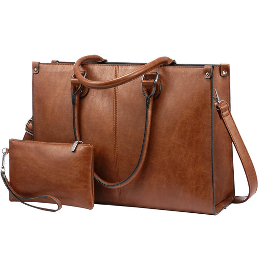 LOVEVOOK Laptop Tote Bag for Women, 17.3 Inch Large Capacity Vintage Leather Waterproof Work Computer Handbag with Clutch Purse, Gift for Women, Office & Daily Use, Dark Brown