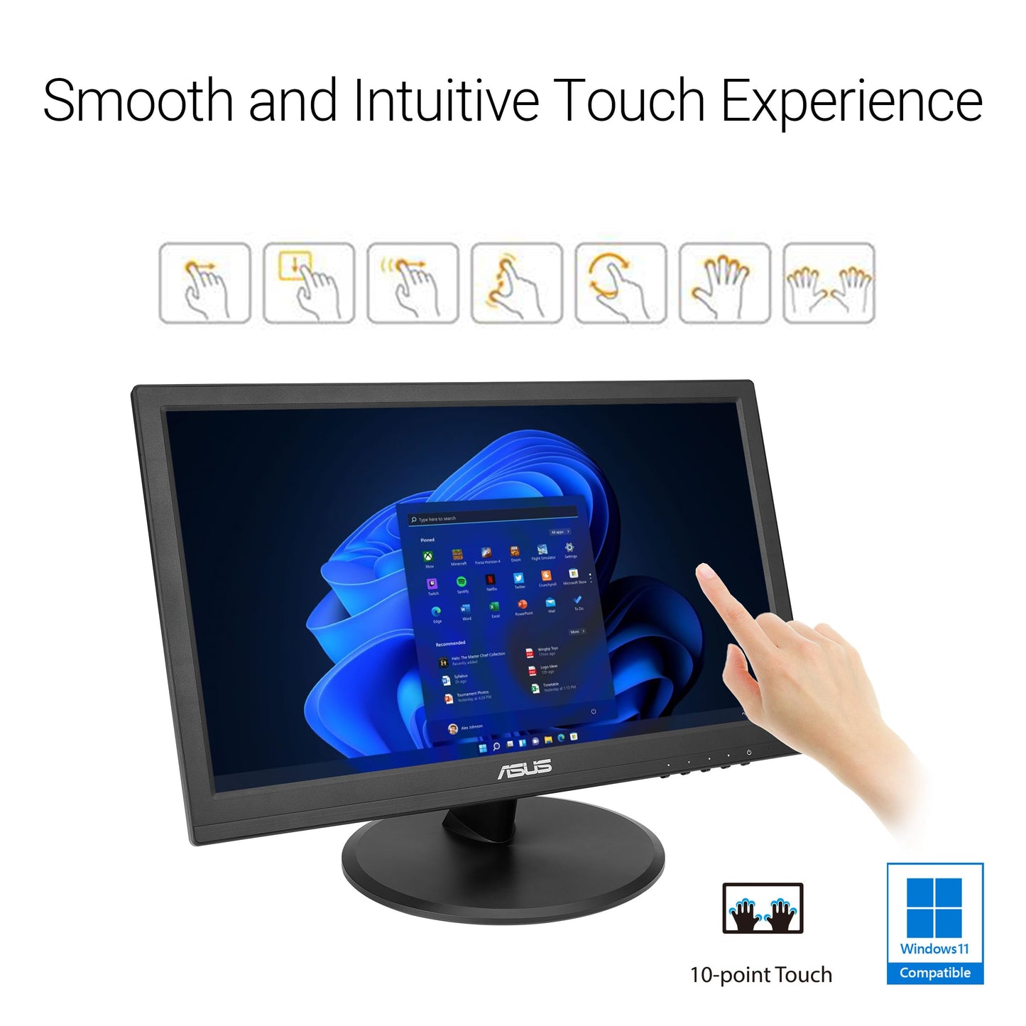 ASUS 15.6” 1080P Touch Monitor (VT169HE) - Full HD, 10-Point Touchscreen, IPS, Wide Viewing Angle, Frameless, Eye Care, Flicker Free, Low Blue Light, HDMI, Windows 11 Compliance, VESA Mountable