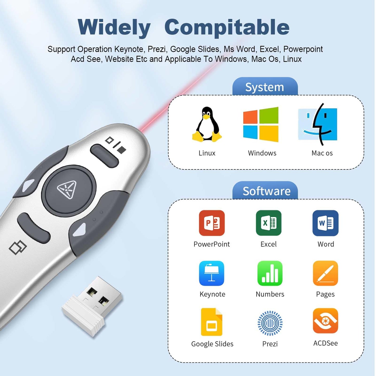 QUI 2 Pack Wireless Presenter PowerPoint Clicker, RF 2.4GHz USB Presentation Clicker for Google Slides, Keynote, Mac, Windows (USB, Silver)