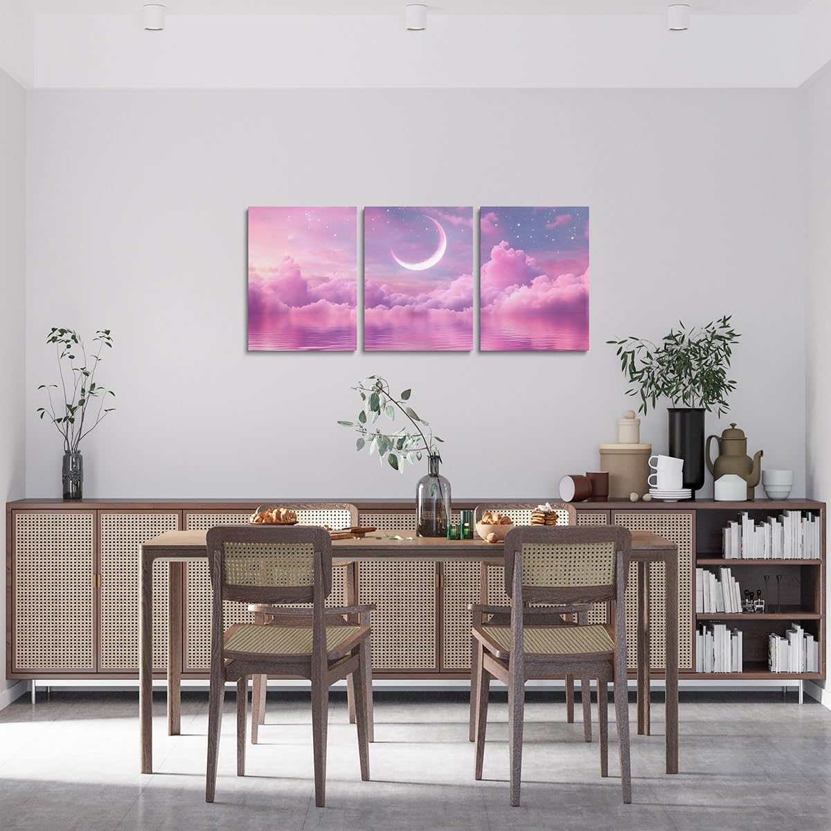 Feelyou Pink Purple Galaxy 3 Piece Canvas Wall Art for Living Room Bedroom Starry Moon Wall Art for Home Decor Dreamy Nebula Office Decor Artwork Outer Space Picture Painting Posters