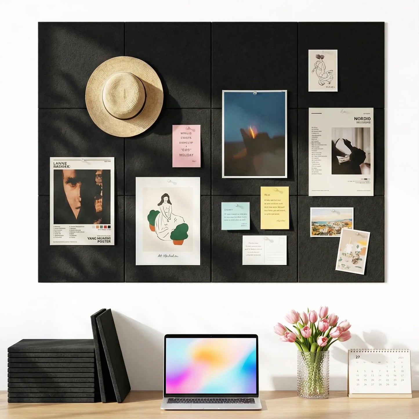 Aothia Felt Bulletin Board Tiles for Wall, 12 Pack Large 48" x 36", Felt Wall Tiles Cork Board Alternative, Adhesive Bulletin Board Tiles for Office, Classroom & Home, Black