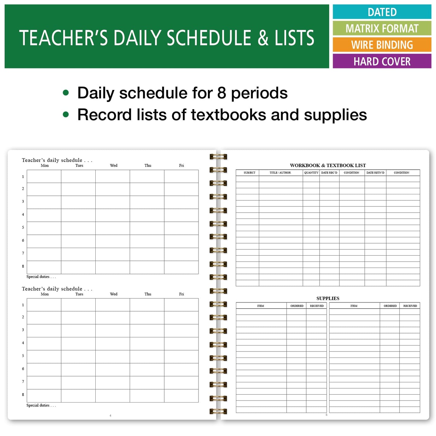 Elan Publishing Company HARDCOVER 7 Period Dated Teacher Lesson Plan; Days Horizontally Across The Top Dated for 2026-2027 Academic Year with Bonus Clip-in Bookmark (Tree Seasons)