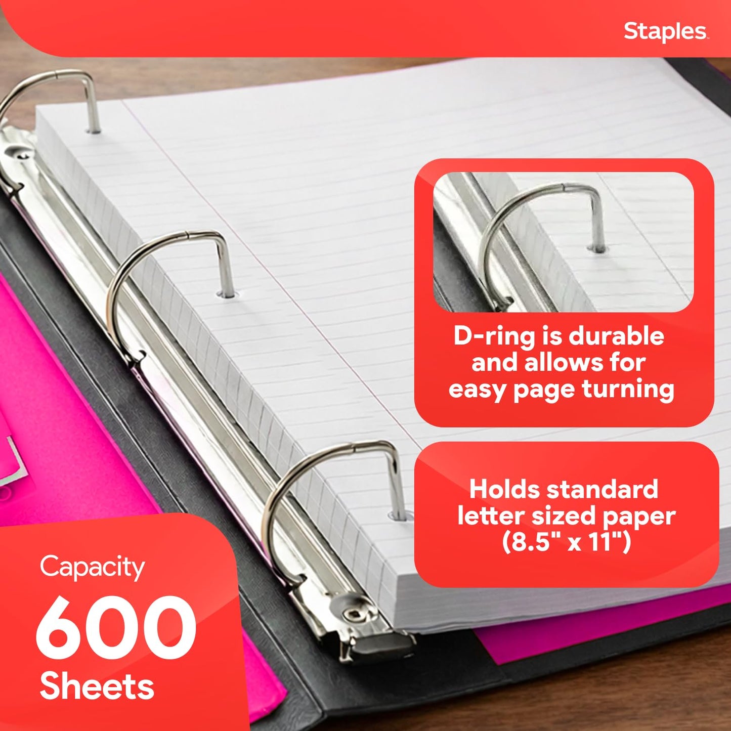 Staples Heavy-Duty 3-Inch D-Ring Binder, Pink – Large Capacity 3-Ring Binder, Holds Up to 600 Sheets for School & Office