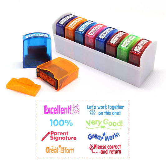 RELIANCER 8PCS Teacher Stamp Set,Colorful Self-Inking Motivational Classroom Stamper for Grading,Encouraging Rating Stamp Student,Parent Signature Stamps for Homework,School Homeschool Reward Supplies