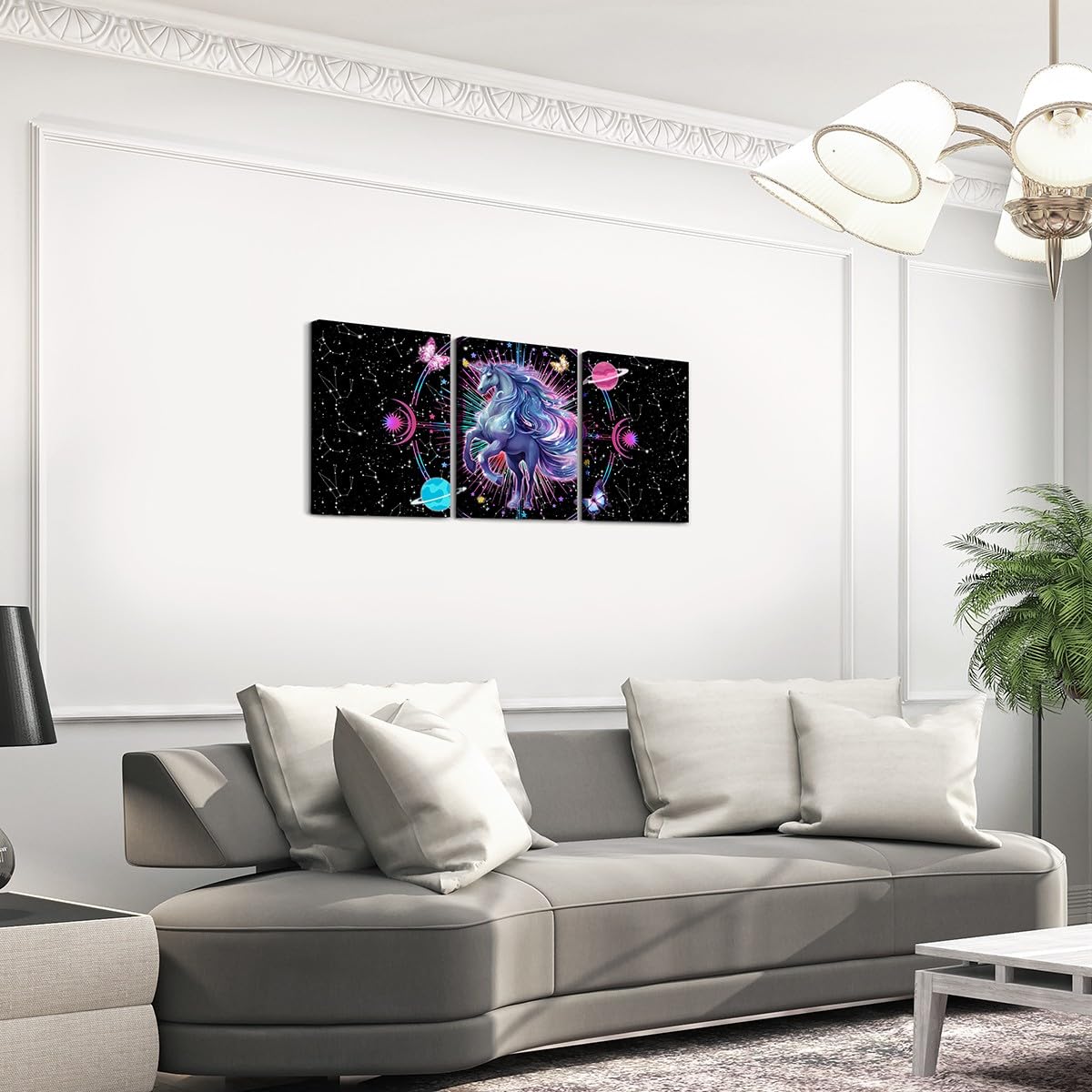 Feelyou Galaxy Unicorn 3 Piece Canvas Wall Art for Living Room Bedroom Solar System Wall Art for Home Decor Sun Moon Office Wall Decor Space Outer Sky Wall Painting