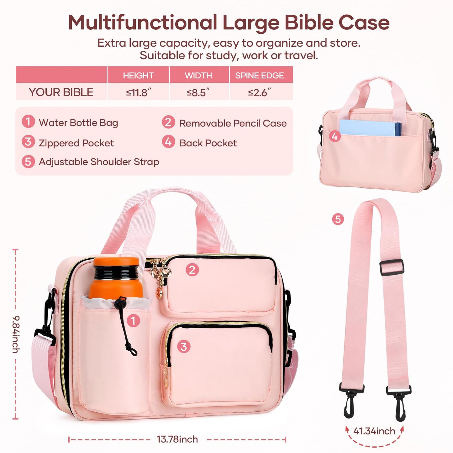 Bible Cover Case for Women, Large Bible Bag with Removable Pencil Case, Shoulder Strap and Highlighters for Bible Study Supplies, Church Bag Carrying Journaling Kit, Christian Gift for Women