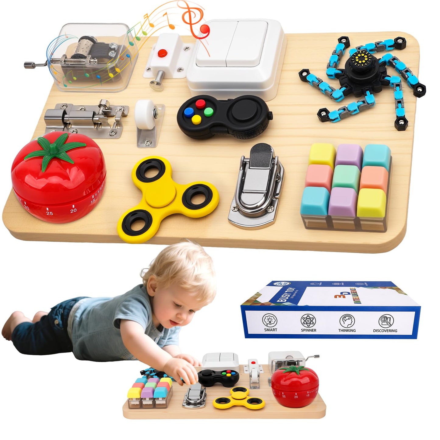 Busy Board Toy for Toddlers, 11 in 1 Wooden Montessori Educational Fidget Sensory Toy for Stress Relief, Activity Board Desk Gadget for Kids Preschool Learning, Car Airplane Travel Birthday Gift 11"