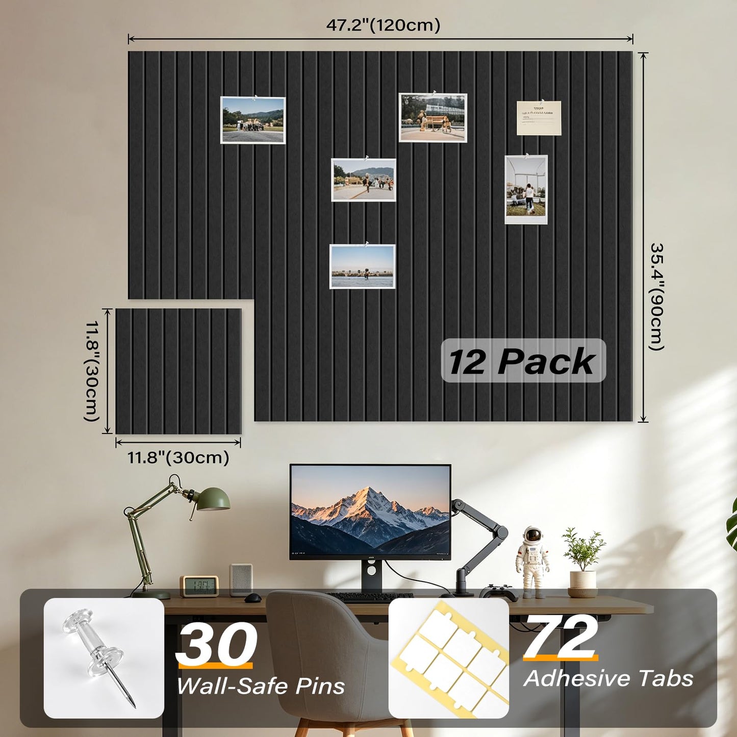 Large Felt Bulletin Board，47.2" x 35.4" 12 Pack Cork Board Alternative for Walls,Felt Wall Tiles for Office & Home Decor,Pin Board with 30 Pcs Pushpins and 72 Adhesive Tabs-Charcoal Gray