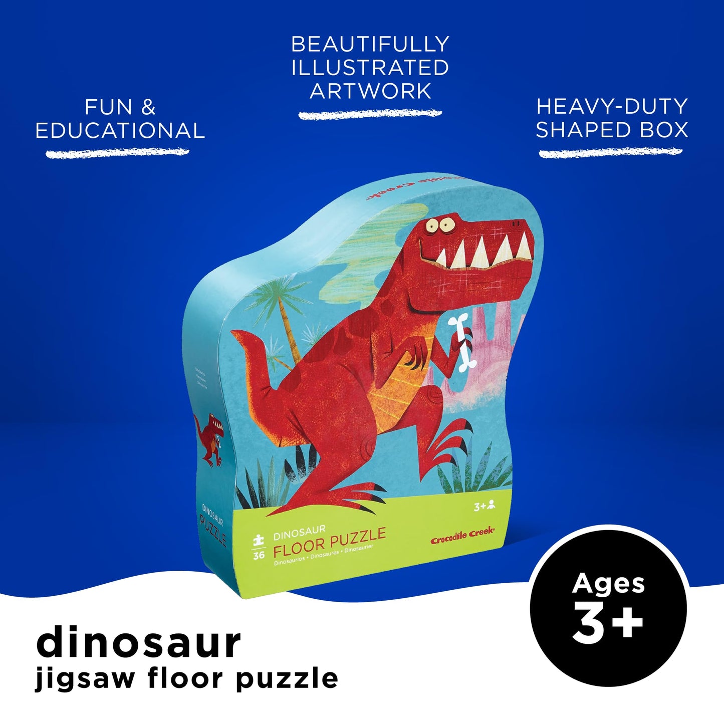 Crocodile Creek 36-Piece Jigsaw Floor Puzzle - Fun Floor Puzzles for Kids Ages 3-5 - Heavy-Duty Shaped Box for Storage - Dinosaur - 24" W x 18" H Finished